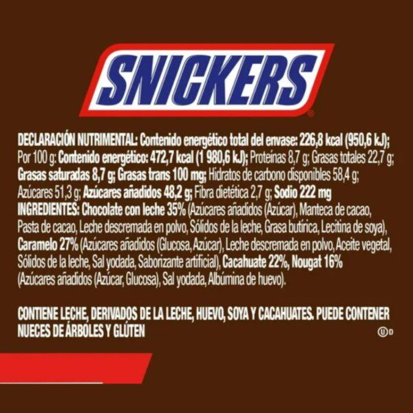 Declaración nutrimental chocolate snickers 48 g