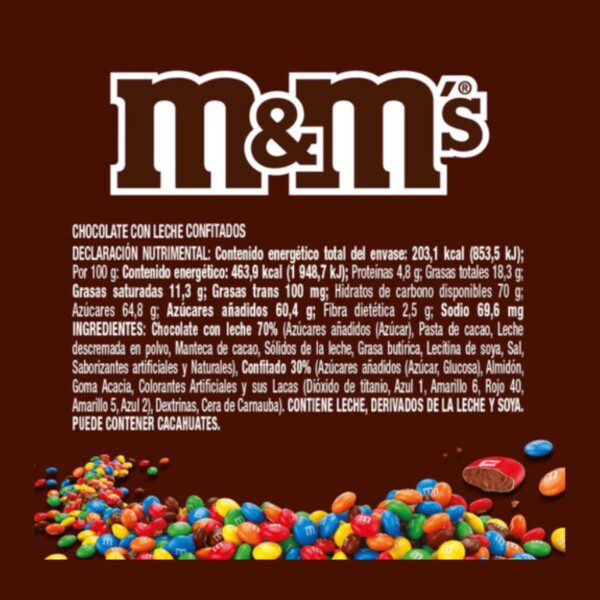Informacion nutrimental M&M’s chocolate con leche 43.8g