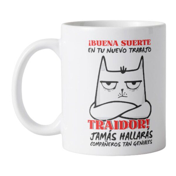 Taza personalizada con mensaje “¡Buena suerte, traidor!” vista frontal